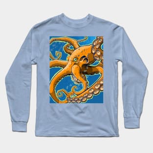 Tangerine Octopus on Blue Background Long Sleeve T-Shirt